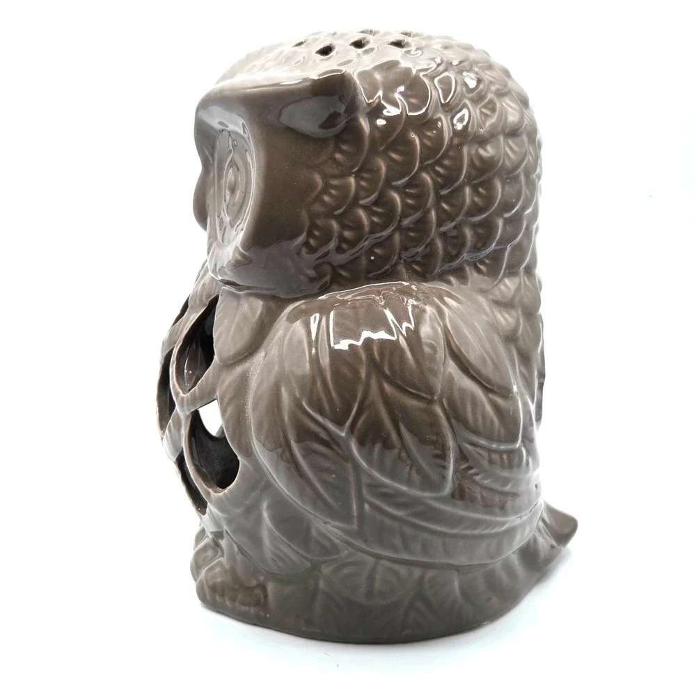 Owl Luminary Candle Holder Lantern Light Brown Gray  Ceramic 9.5